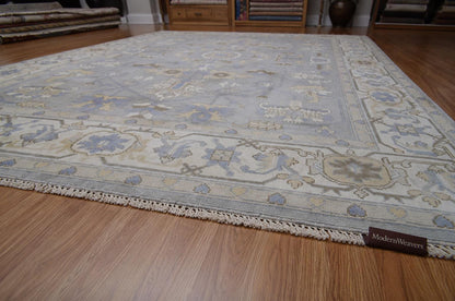 9x12 Hand Knotted Wool Area Rug | Pastel Blue, Lavender & Tan Oushak Design | Large Bedroom or Dining Room Carpet