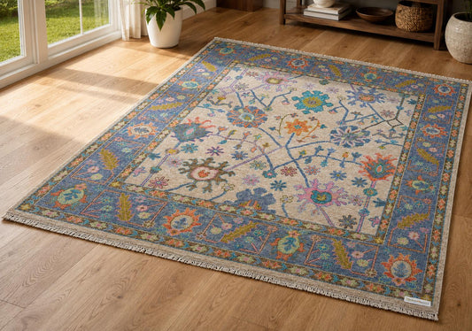 Hand-Knotted Floral Area Rug | Cream & Slate Blue Transitional Rug with Vibrant Geometric Accents | Living Room Bedroom Room Carpet
