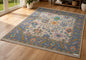 Hand-Knotted Floral Area Rug | Cream & Slate Blue Transitional Rug with Vibrant Geometric Accents | Living Room Bedroom Room Carpet