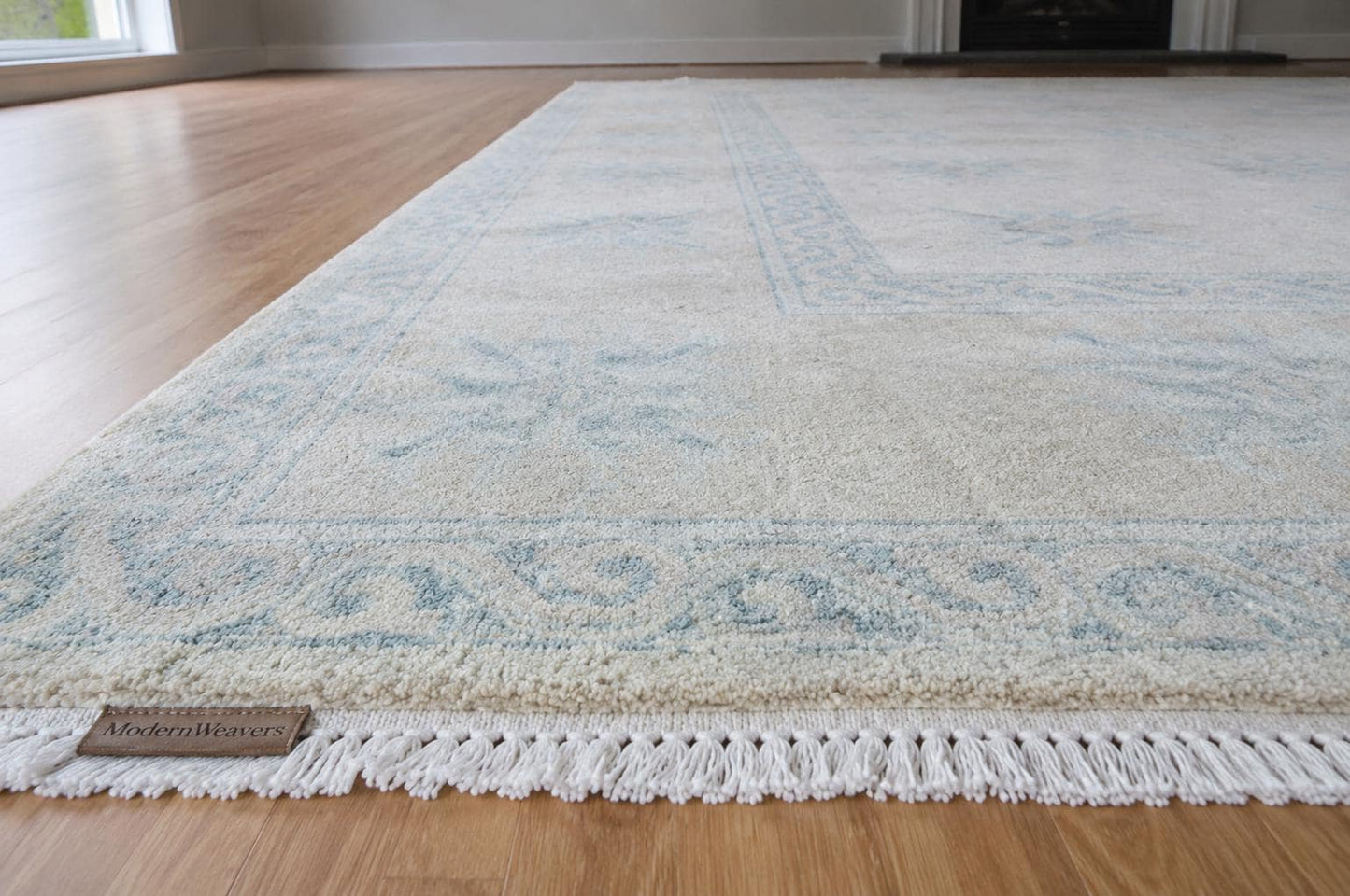 8x10 Hand-Knotted Transitional Area Rug | Ivory & Soft Blue Geometric Floral Motif