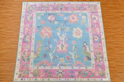 Hand Knotted Oushak Rug | Light Blue & Vibrant Pink Floral Area Rug | Wool Turkish Design Carpet | Pastel Boho Rug for Living Room