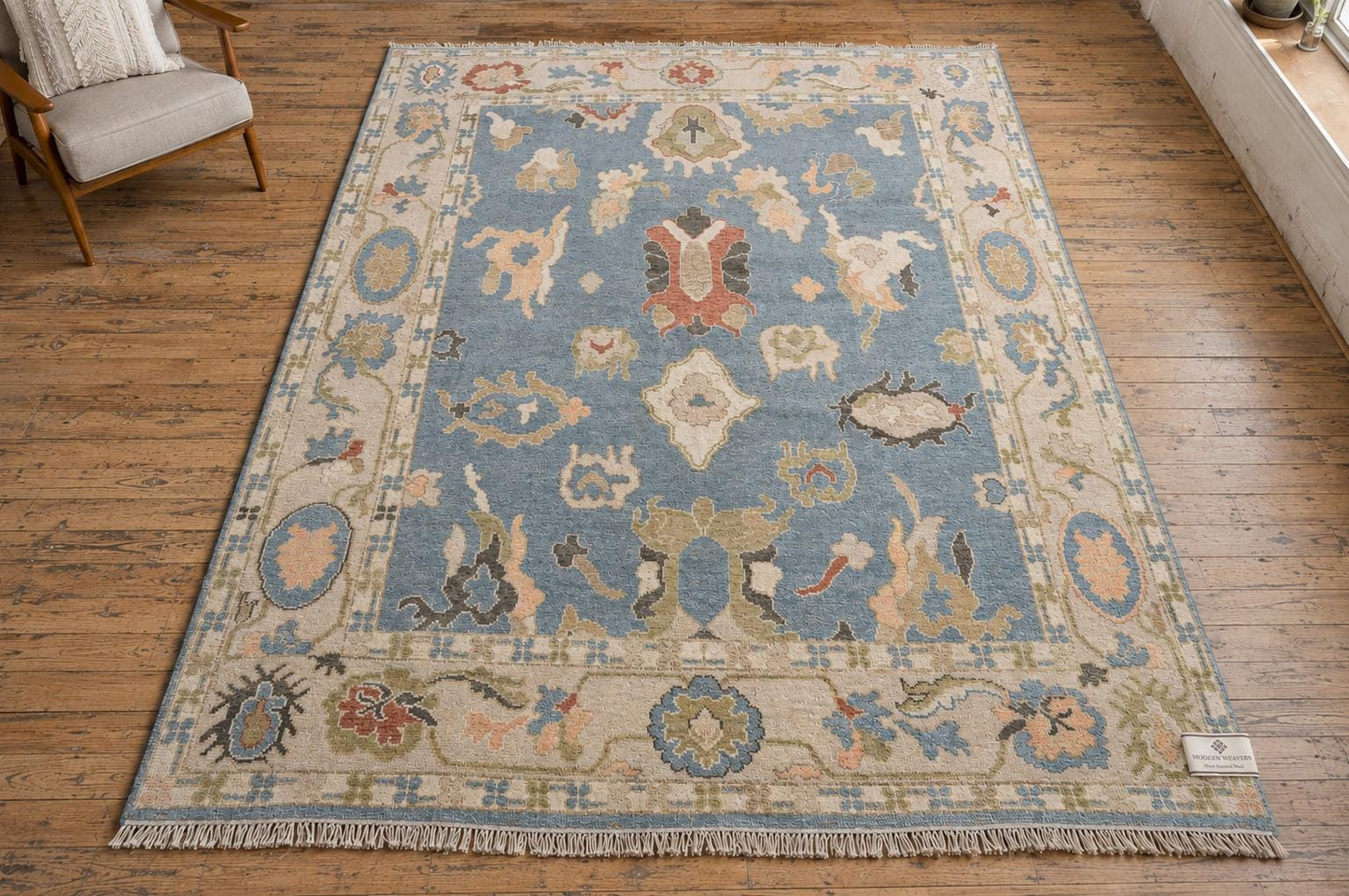 ModernWeavers Hand-Knotted Wool Rug | Dusty Blue & Beige Oushak Style Area Rug | Transitional Geometric Floral Pattern | Artisan Home Decor