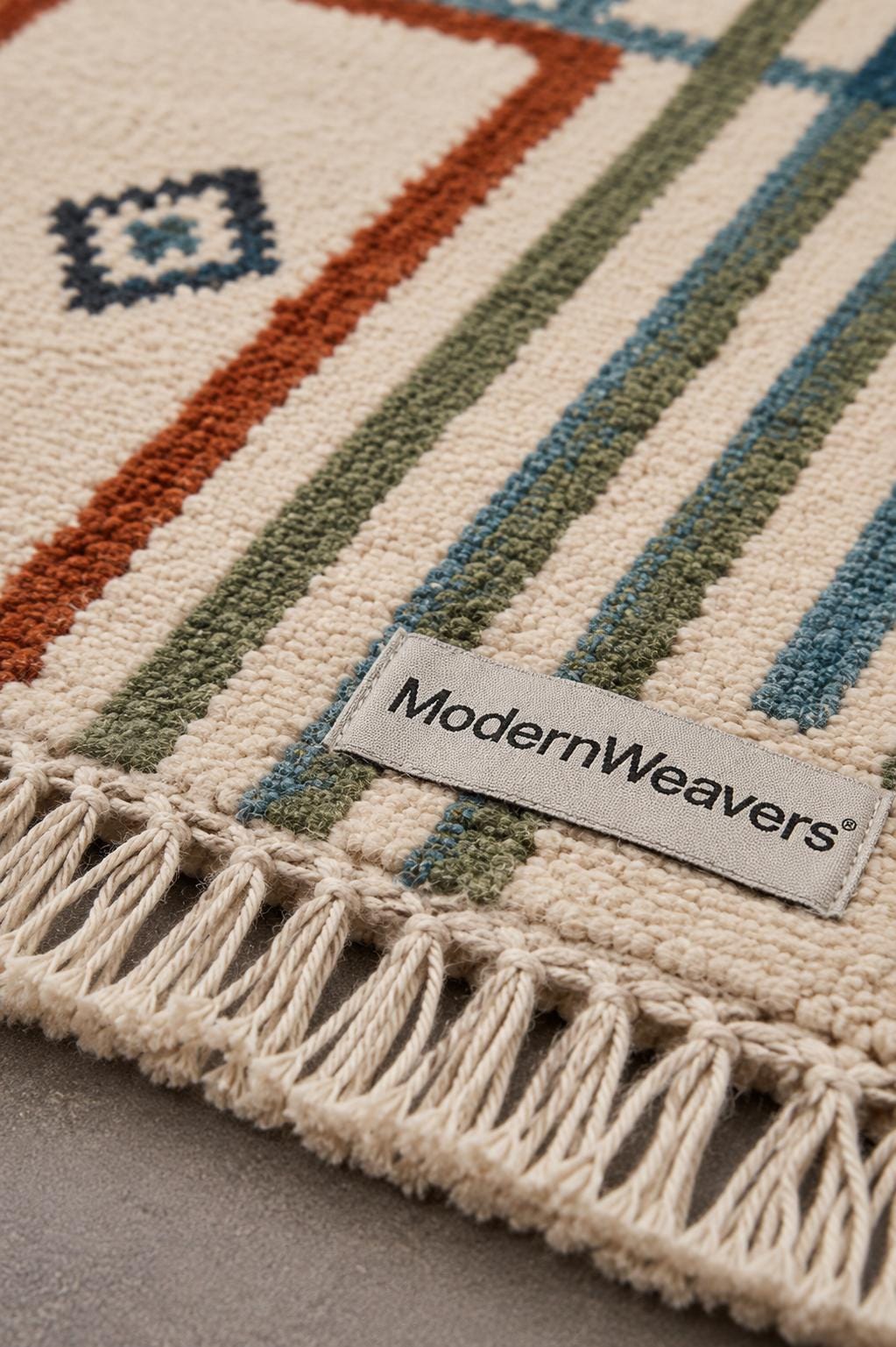 Hand Knotted Moroccan Rug | Abstract Linear Tribal Carpet, Boho Teal Rust Fringed Floor Art
