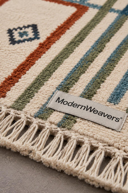 Hand Knotted Moroccan Rug | Abstract Linear Tribal Carpet, Boho Teal Rust Fringed Floor Art