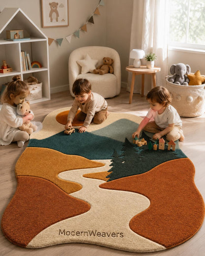 Mountain Landscape Hand Tufted Rug | Nature Inspired Boho Area Rug | Forest & River 3D Textured Carpet | Earth Tone Modern Nursery Decor