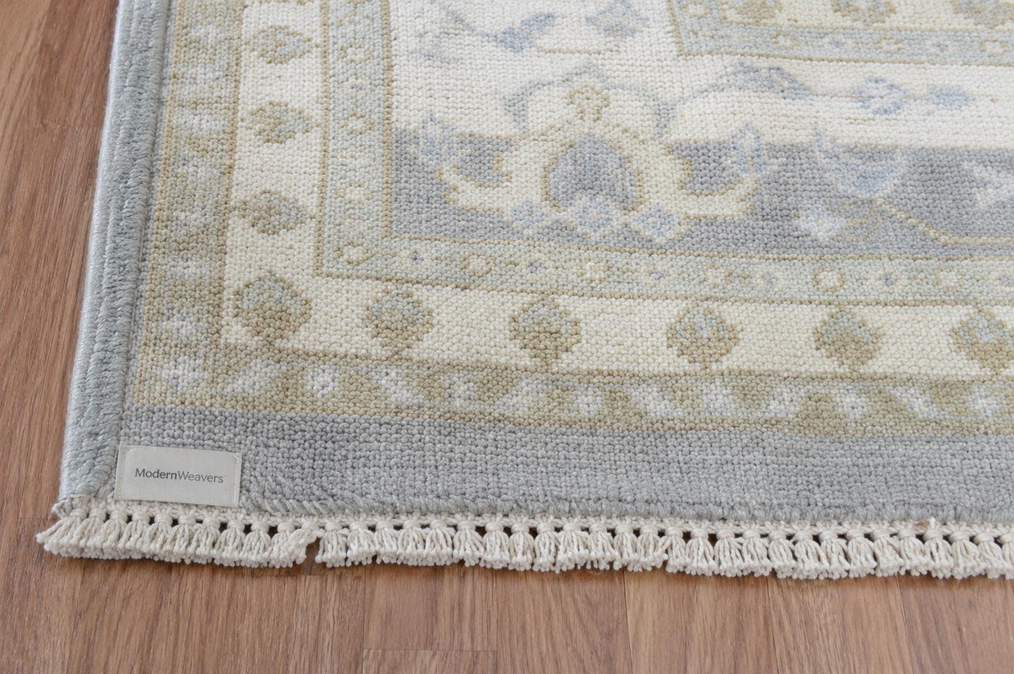 Hand-Knotted Oushak Style Rug | Muted Pastel Blue, Ivory, Taupe Wool Area Carpet