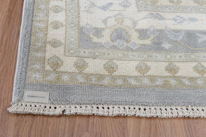 Hand-Knotted Oushak Style Rug | Muted Pastel Blue, Ivory, Taupe Wool Area Carpet