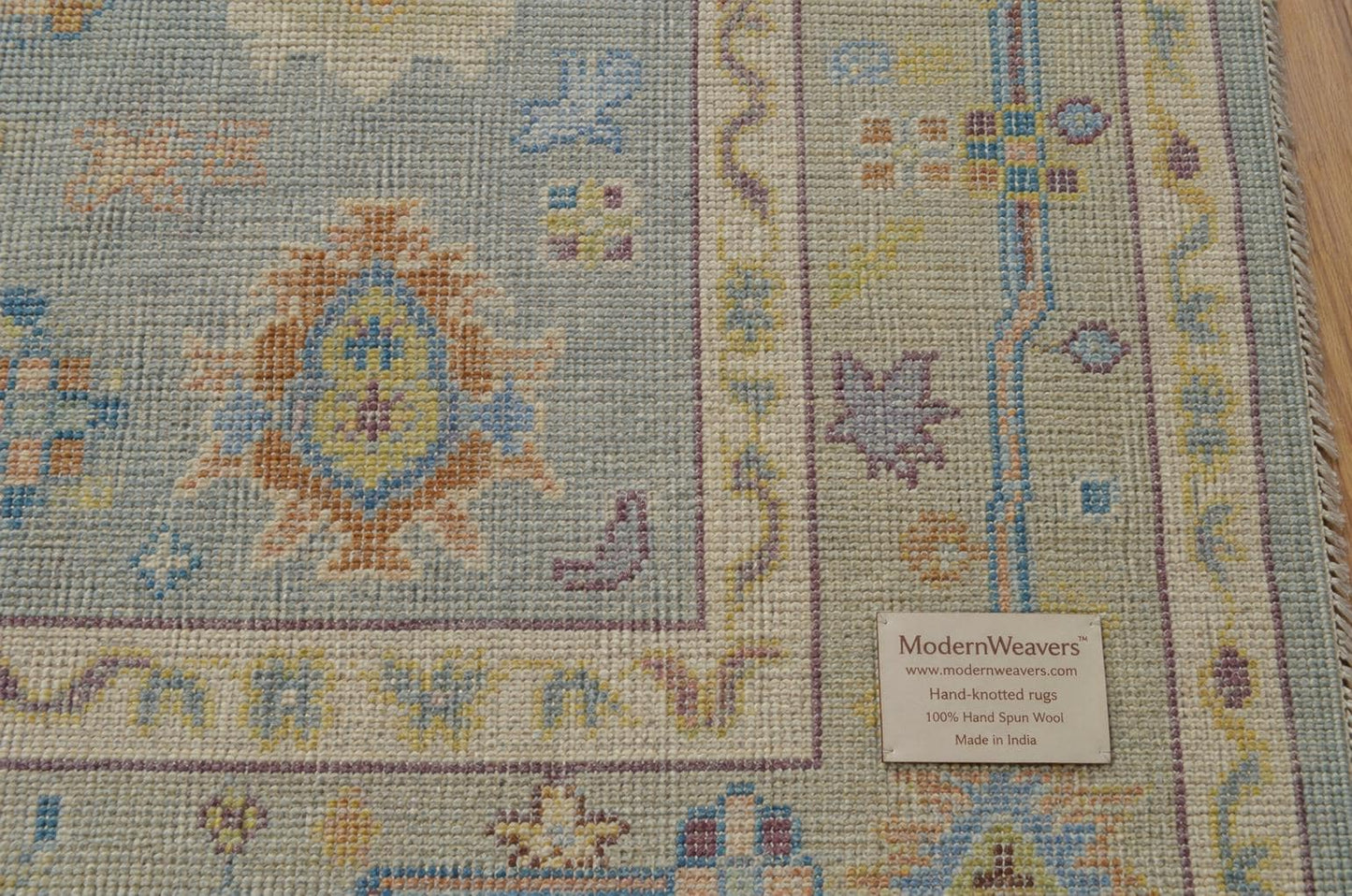 Modern Oushak Rug, Hand Knotted Wool Area Rug, Light Blue and Beige Turkish Style Geometric Floral Rug, 9x12 Area Rug for Living Room