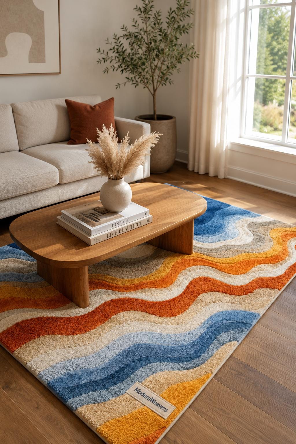 MidCentury Modern Retro Wavy Rug | Hand-Tufted Abstract Area Carpet | Contemporary Fluid Groovy Design Rug for Living Room, Bedroom & Studio