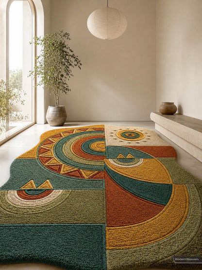 Celestial Boho Hand Tufted Rug | Tribal Geometric Statement Carpet | Earthy Sun & Moon Abstract Art | Unique Organic Shape Floor Decor