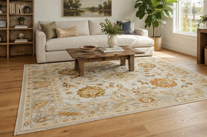 Hand-Knotted Transitional Oushak Style Area Rug | Ivory, Muted Gold & Soft Blue Floral Motif