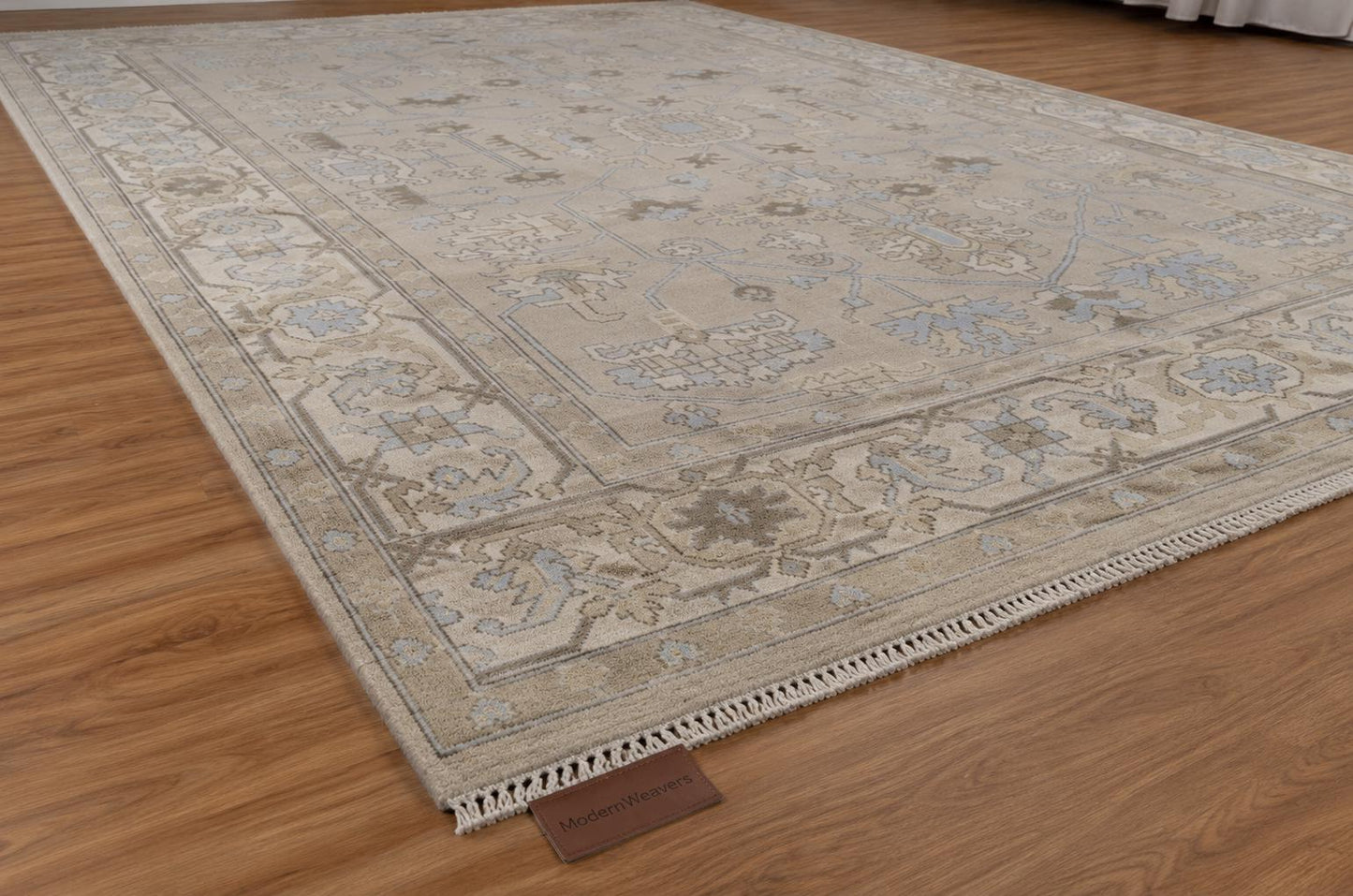 Elegant 9x12 Traditional Area Rug | Artisan Hand-Knotted Floor Covering | Neutral Palette with Blue Accents