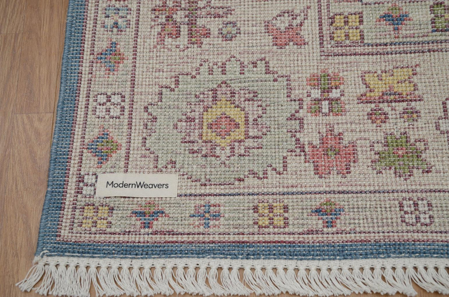 Blue Hand Knotted Rug 8x10, Transitional Turkish Style Area Rug with Pastel Motifs, Pastel Blue and Cream Aesthetic Bedroom Rug
