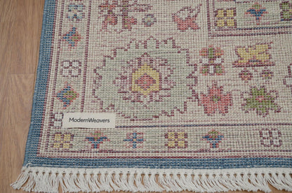 Blue Hand Knotted Rug 8x10, Transitional Turkish Style Area Rug with Pastel Motifs, Pastel Blue and Cream Aesthetic Bedroom Rug