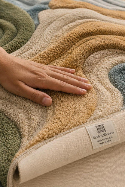 Organic Shape Hand Tufted Rug | 3D Topographic Wavy Design | Earth Tones Neutral Carved Carpet | Aesthetic Modern Abstract Area Rug