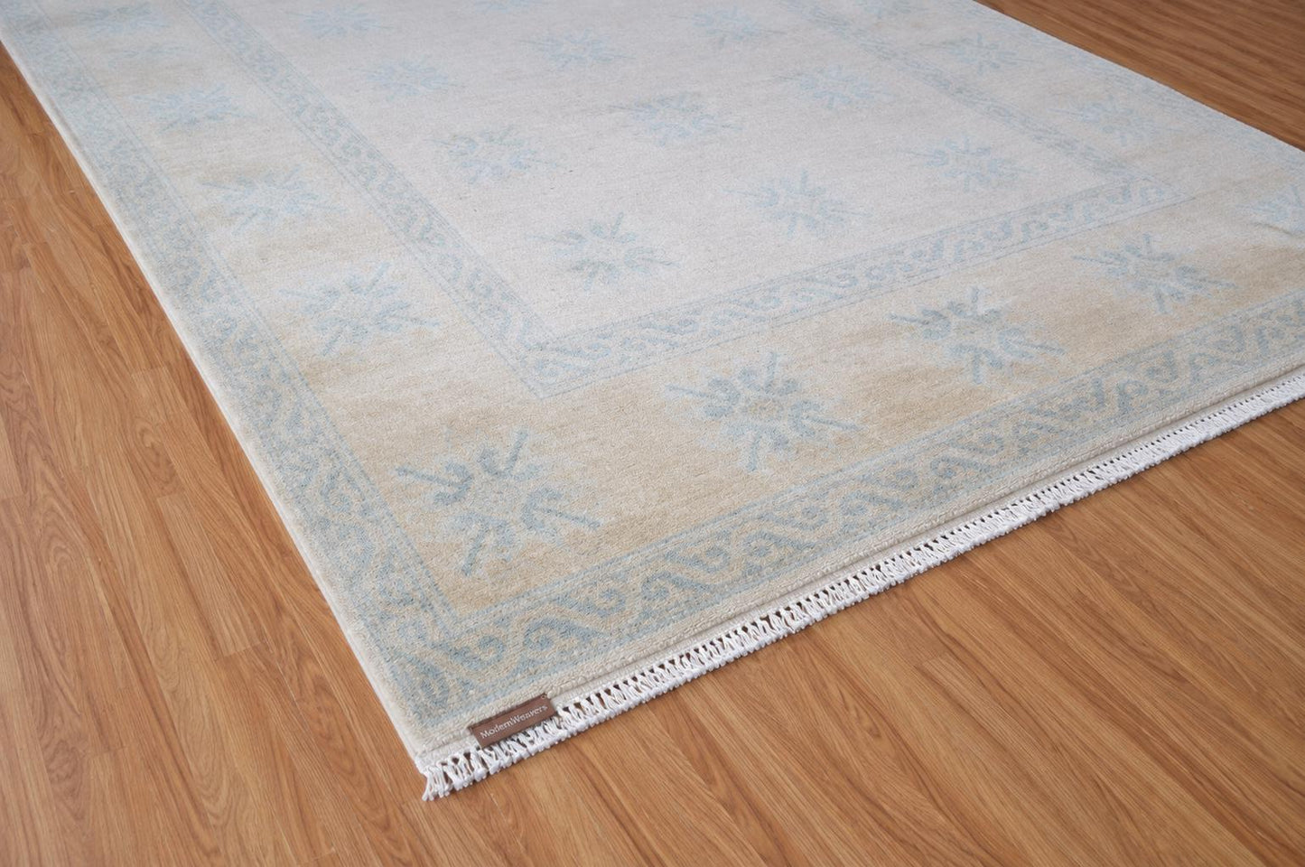 8x10 Hand-Knotted Transitional Area Rug | Ivory & Soft Blue Geometric Floral Motif