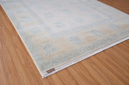 8x10 Hand-Knotted Transitional Area Rug | Ivory & Soft Blue Geometric Floral Motif