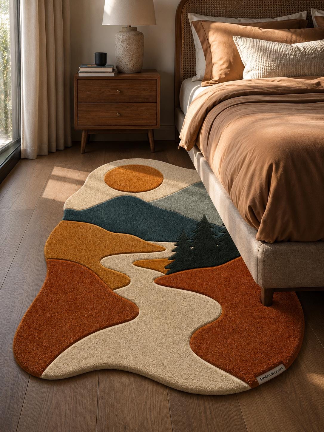 Mountain Landscape Hand Tufted Rug | Nature Inspired Boho Area Rug | Forest & River 3D Textured Carpet | Earth Tone Modern Nursery Decor