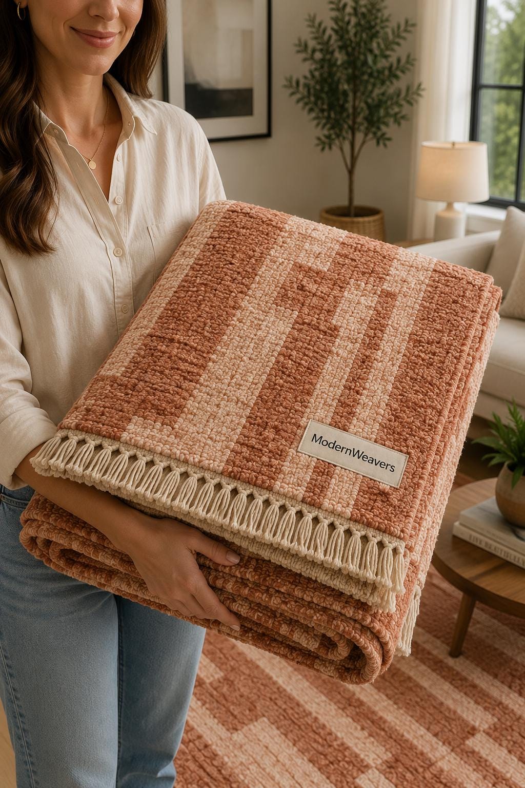 Terracotta Abstract Geometric Wool Rug | Rust Beige Boho Shag Carpet
