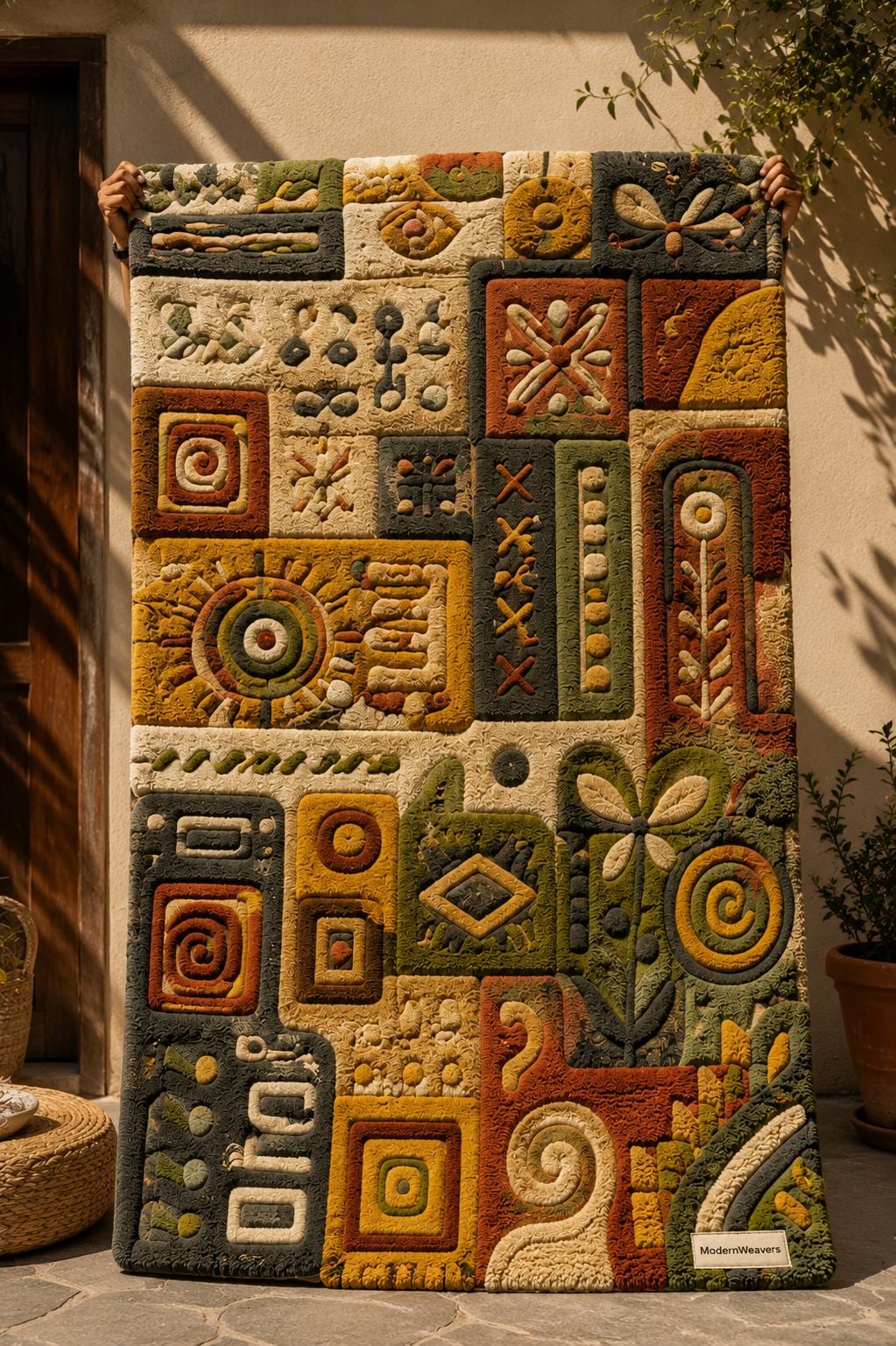 3D Carved Patchwork Rug | Earth Tone Folk Art Tufted Carpet | Boho Geometric Floor Art