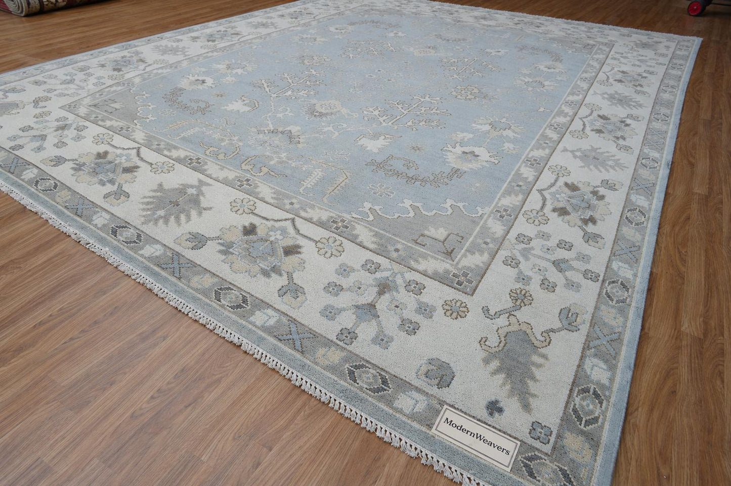 Hand Knotted Oushak Rug | Light Blue Ivory Wool Carpet 9x12