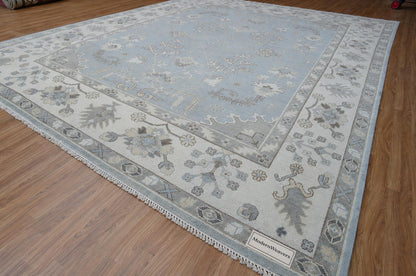 Hand Knotted Oushak Rug | Light Blue Ivory Wool Carpet 9x12
