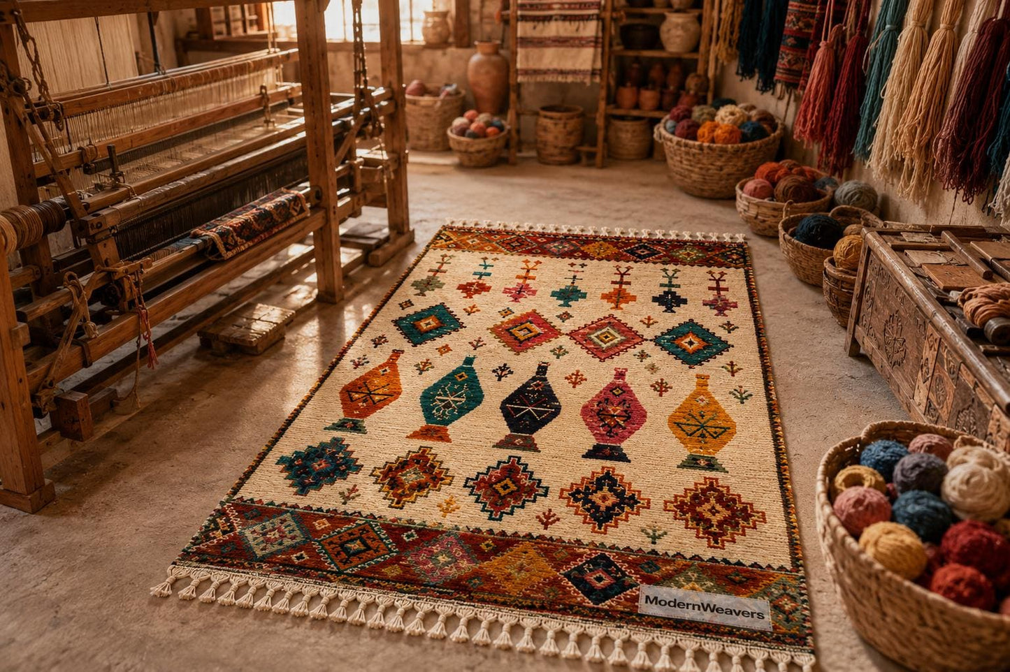 Hand Knotted Moroccan Rug | Colorful Geometric Boho Area Carpet, Jewel Tone Motifs