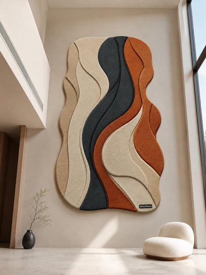 Abstract Wavy Hand Tufted Rug | Organic 3D Textured Area Rug | Terracotta & Charcoal Boho Decor | Mid Century Modern Irregular Carpet