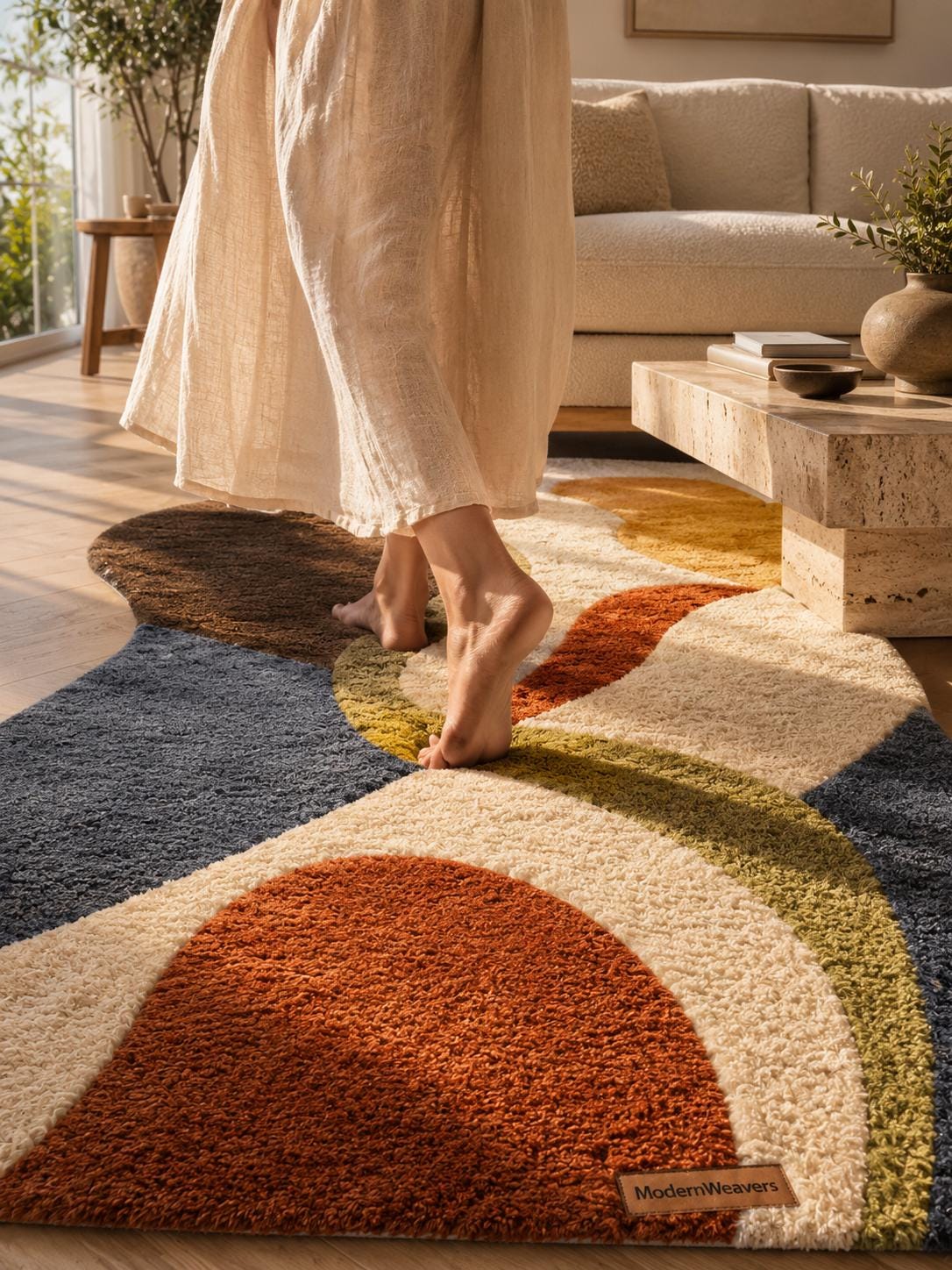 Abstract Wavy Tufted Rug | Retro 70s Colorful Carpet, Mid Century Modern Floor Art