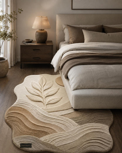 Botanical Landscape Hand Tufted Rug | Neutral Boho Wavy Area Rug | 3D Textured Leaf & Sun Carpet | Earth Tone Abstract Room Decor