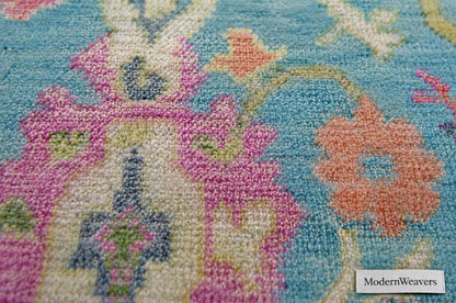 Hand Knotted Oushak Rug | Light Blue & Vibrant Pink Floral Area Rug | Wool Turkish Design Carpet | Pastel Boho Rug for Living Room