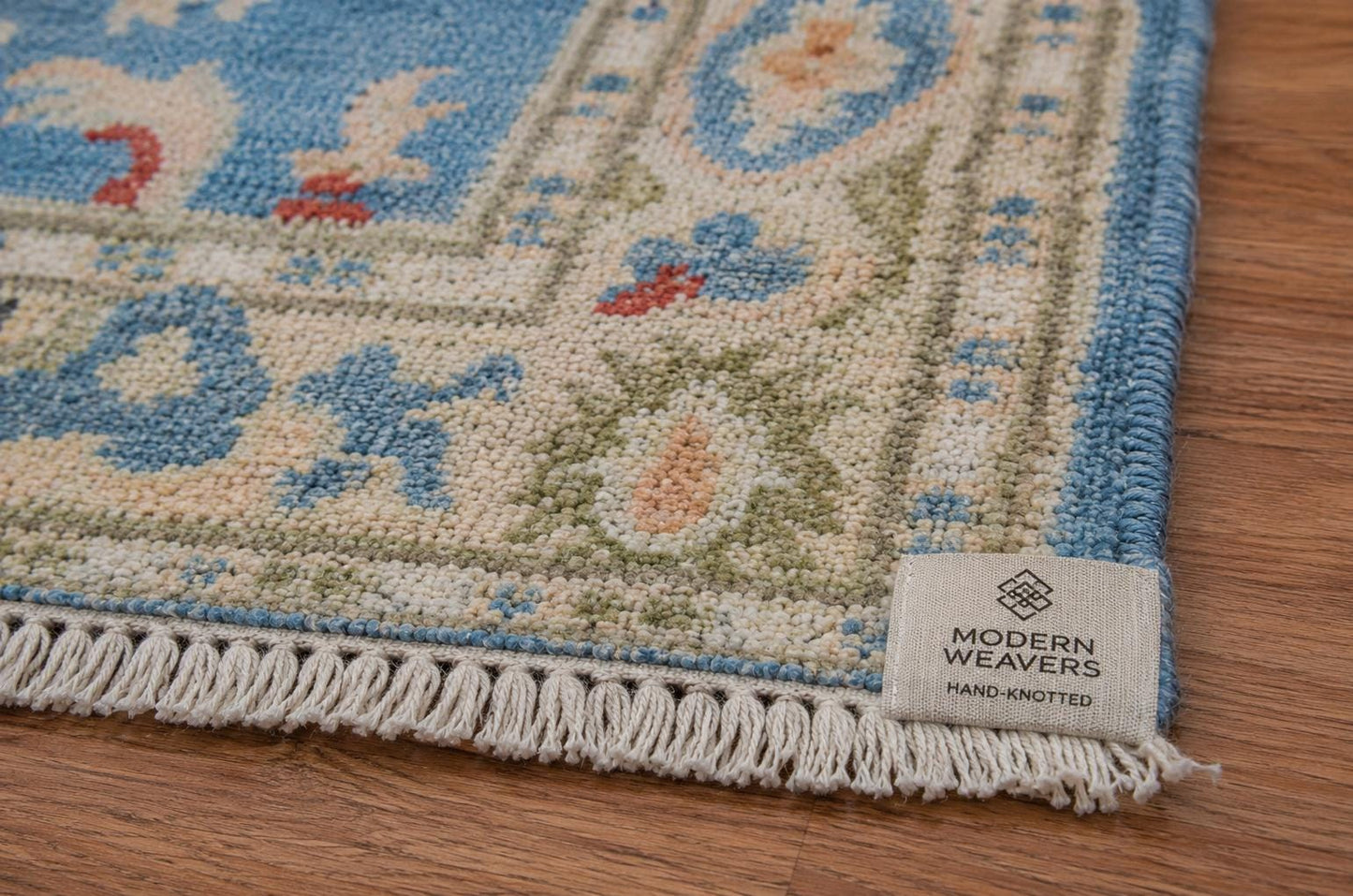 ModernWeavers Hand-Knotted Wool Rug | Dusty Blue & Beige Oushak Style Area Rug | Transitional Geometric Floral Pattern | Artisan Home Decor