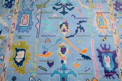 Hand-Knotted Oushak Rug 8x10, Pastel Lavender Blue Turkish Wool Carpet