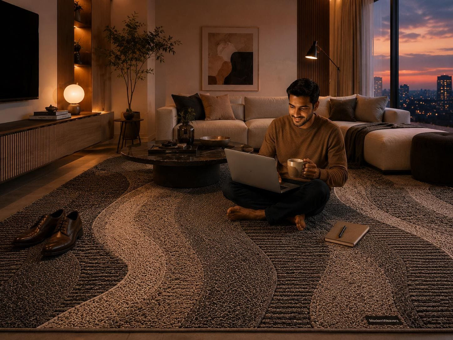Modern Wavy Abstract Hand-Tufted Wool Rug | Dark Charcoal & Taupe Luxury Area Rug