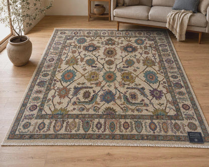 Exquisite Hand-Knotted Wool Area Rug | Cream, Blue & Rust Floral Lattice | Traditional "Modern Weavers" Carpet