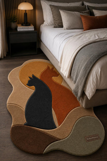Cat Silhouette Hand Tufted Rug | Whimsical Pet Lover Area Rug | Modern Sun & Cats Wall Art | 3D Textured Boho Carpet for Cat Owners