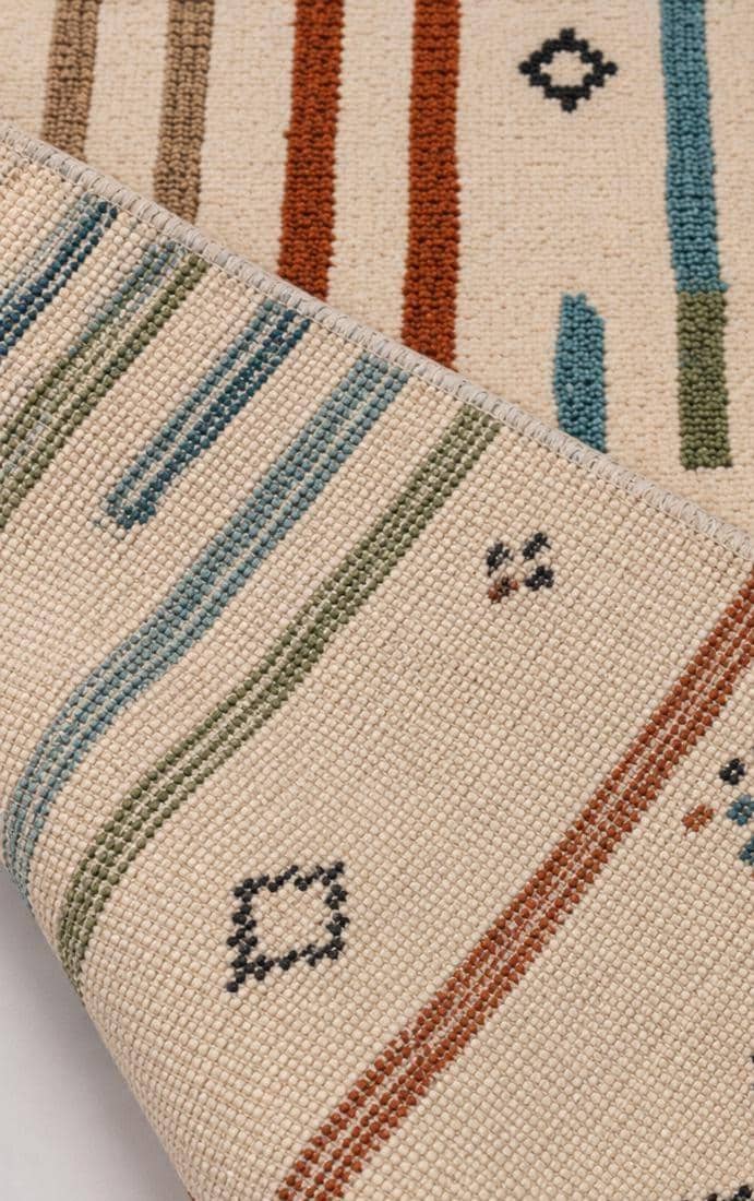 Hand Knotted Moroccan Rug | Abstract Linear Tribal Carpet, Boho Teal Rust Fringed Floor Art
