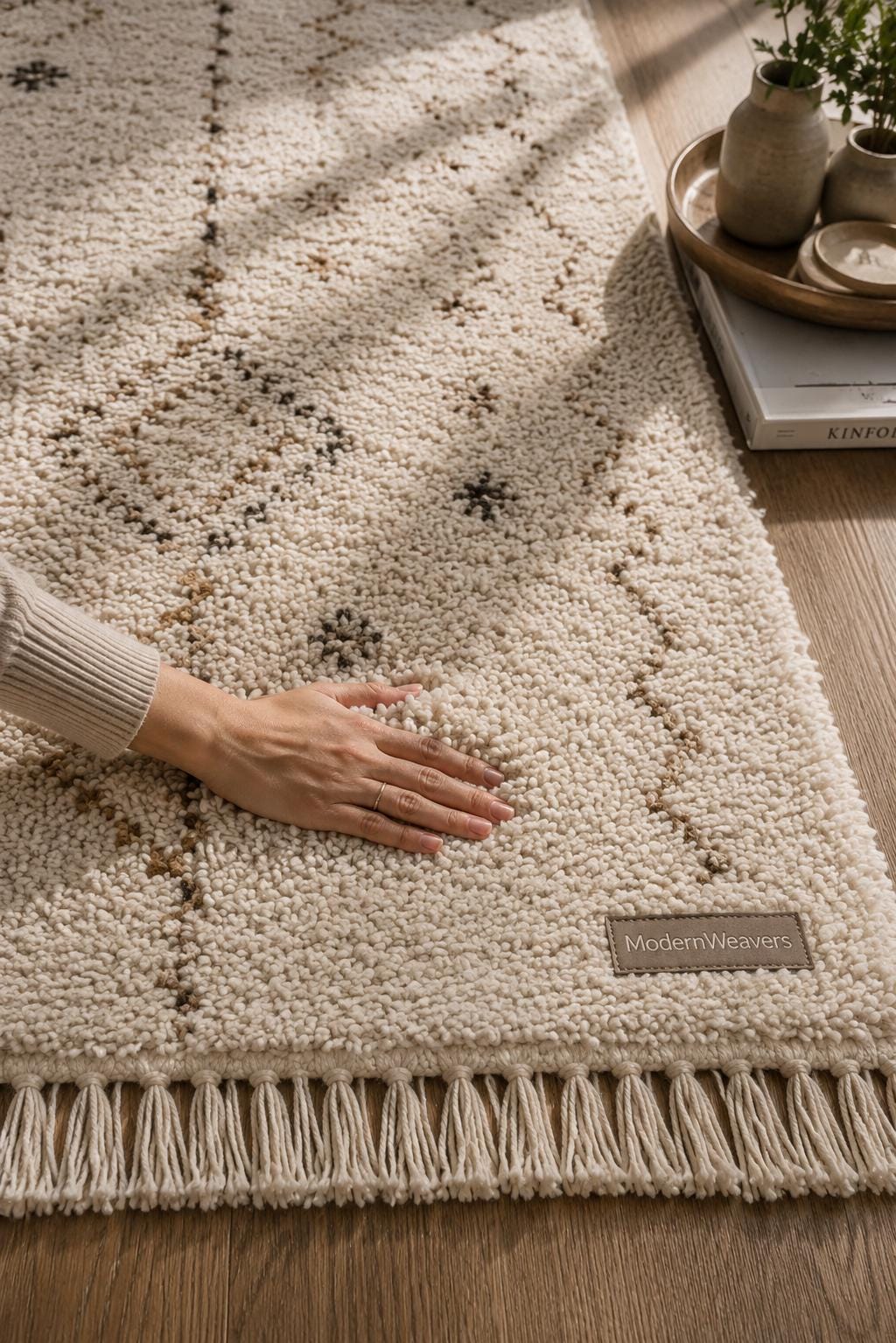 Hand-Knotted Moroccan Rug | Cream Brown Beni Ourain Style Tribal Diamond Wool Area Rug