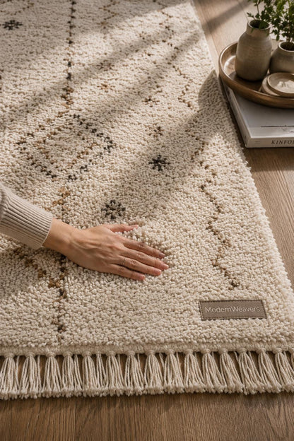 Hand-Knotted Moroccan Rug | Cream Brown Beni Ourain Style Tribal Diamond Wool Area Rug