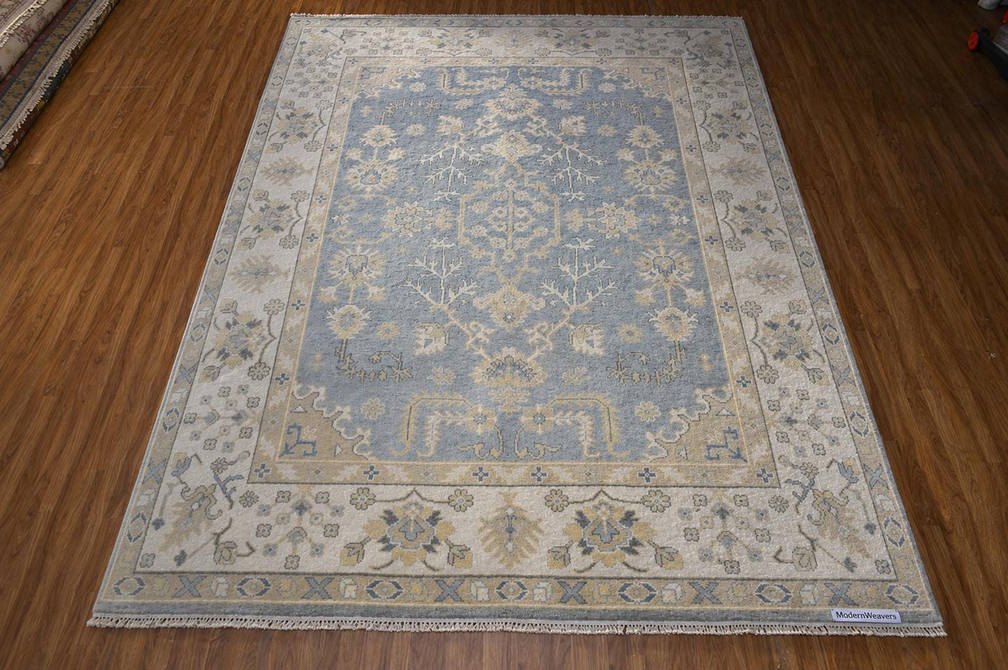 Hand-Knotted Wool Rug | Slate Blue Ivory Oushak Style Area Carpet (9x12)