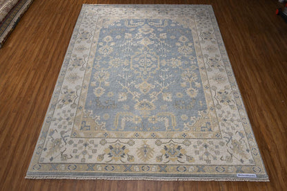 Hand-Knotted Wool Rug | Slate Blue Ivory Oushak Style Area Carpet (9x12)