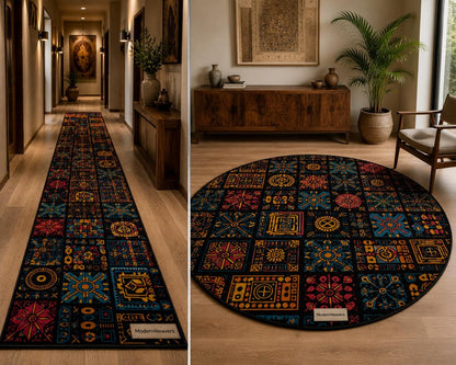 Maximalist Boho Tufted Rug | Vibrant Geometric Patchwork Carpet | Tribal Mosaic Floor Art | Jewel Tone Eclectic Decor | Dark Academia Room