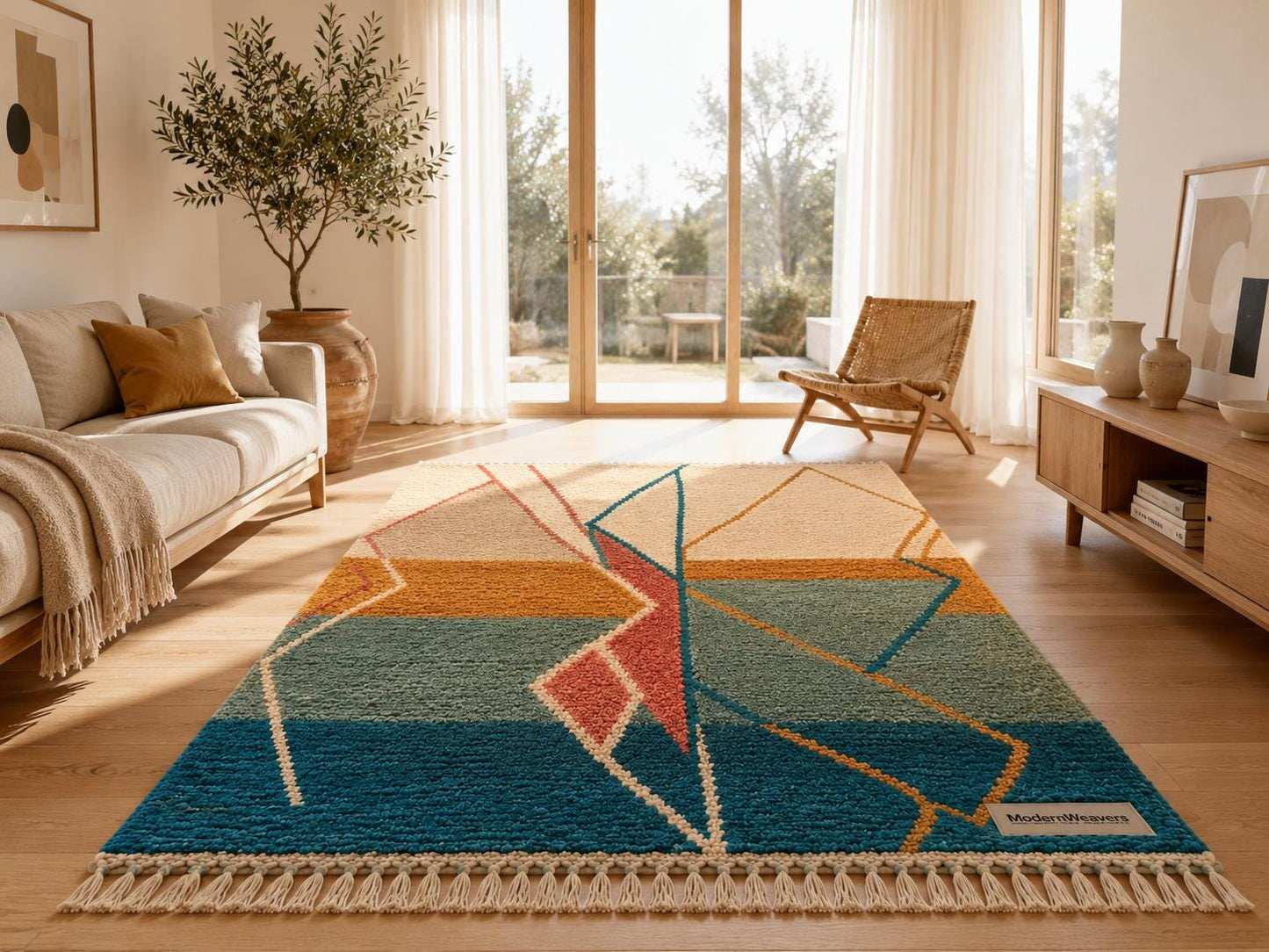 Hand Knotted Moroccan Wool Rug | Abstract Sunset Geometric Carpet, Boho Teal Mustard Coral