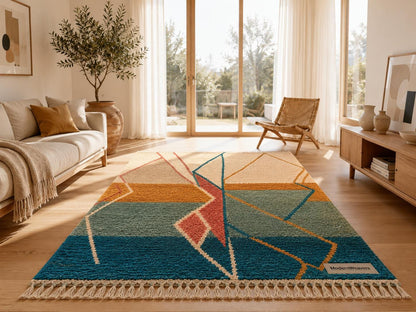 Hand Knotted Moroccan Wool Rug | Abstract Sunset Geometric Carpet, Boho Teal Mustard Coral