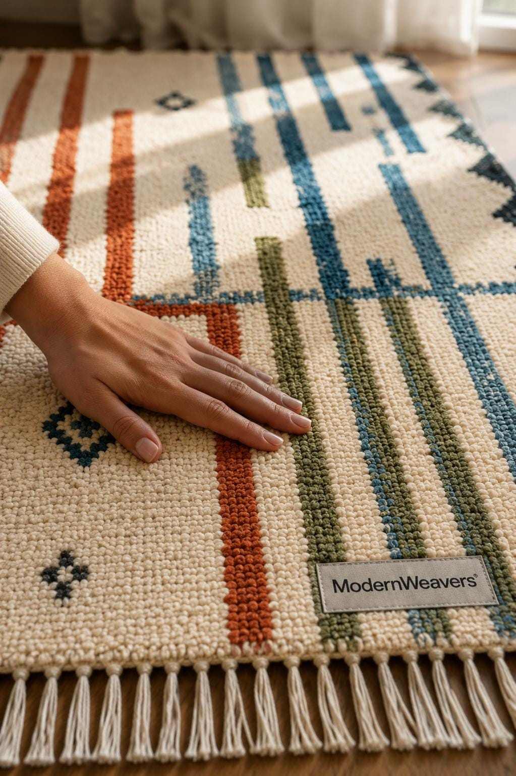 Hand Knotted Moroccan Rug | Abstract Linear Tribal Carpet, Boho Teal Rust Fringed Floor Art