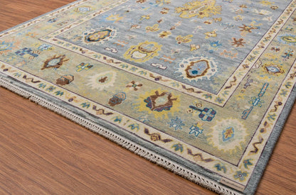 Modern Oushak Rug, Hand Knotted Wool Area Rug, Light Blue and Beige Turkish Style Geometric Floral Rug, 9x12 Area Rug for Living Room
