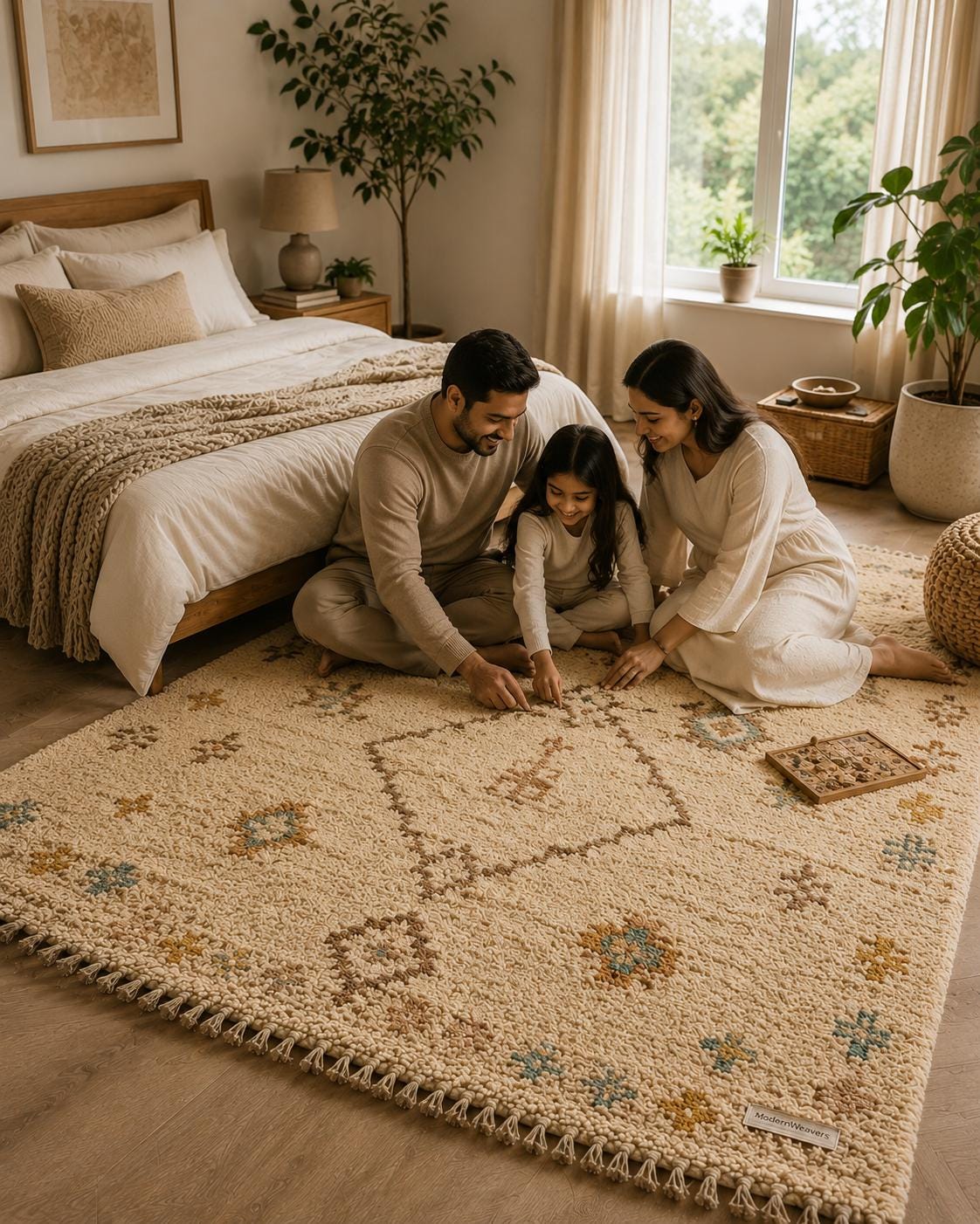 Hand-Knotted Moroccan Rug | Cream Plush Shag Area Rug, Beni Ourain Style Ivory, Blue, Brown