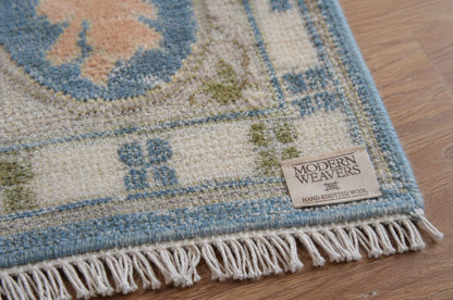 ModernWeavers Hand-Knotted Wool Rug | Dusty Blue & Beige Oushak Style Area Rug | Transitional Geometric Floral Pattern | Artisan Home Decor