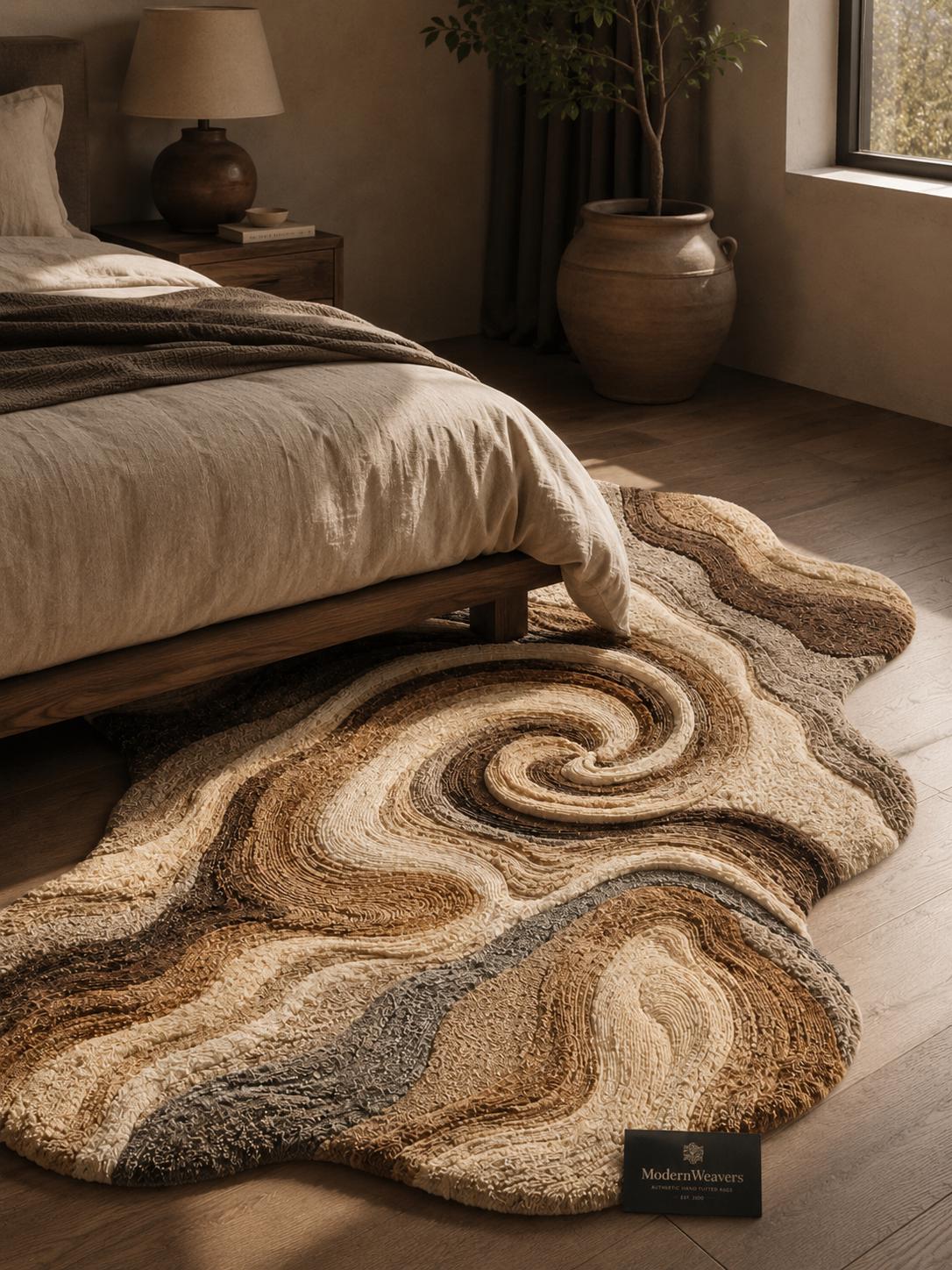 Organic Shape Hand Tufted Rug | Abstract Swirl Topographic Carpet | Earth Tone Neutral Textural Art | Modern Minimalist Area Rug