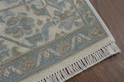 Hand-Knotted Oushak Area Rug | Cream, Light Blue, and Taupe Geometric Pattern | ModernWeavers Wool Carpet for Living Room or Bedroom
